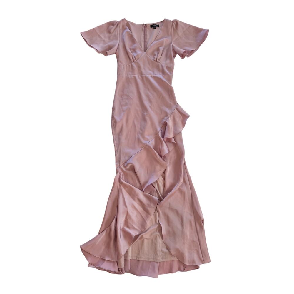 Lulus Eternal Bond Blush Satin Ruffled Flutter Sleeve Maxi Dress Small Pink - Picture 2 of 16